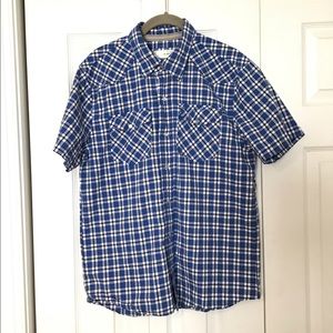 Pearl Snap Button Western Shirt Mens Medium Blue White